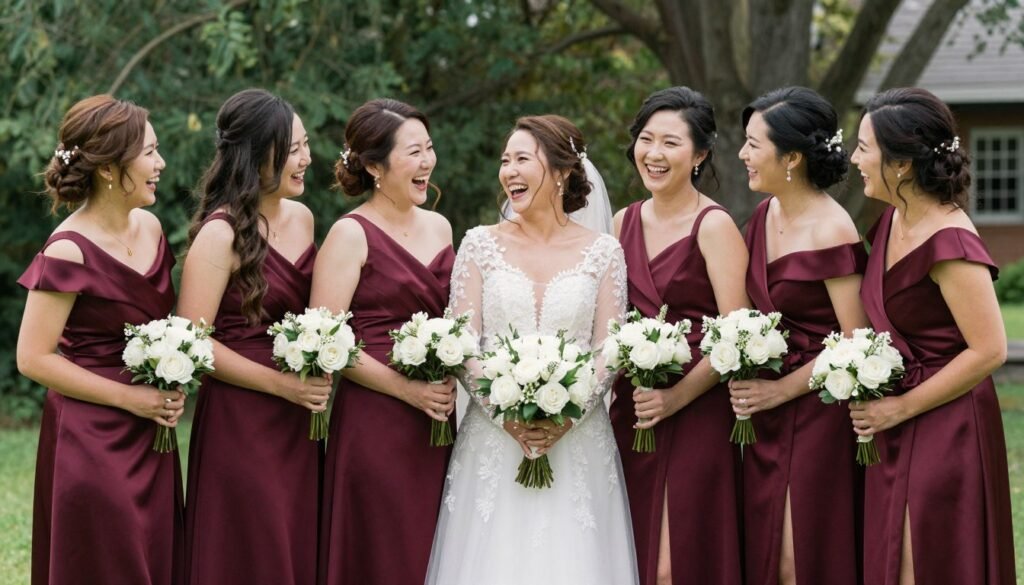 bride with bridesmaids in coordinating satin dresses happy moment