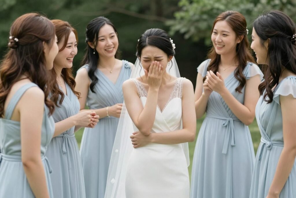 bride with bridesmaids in light blue dresses wedding day moment
