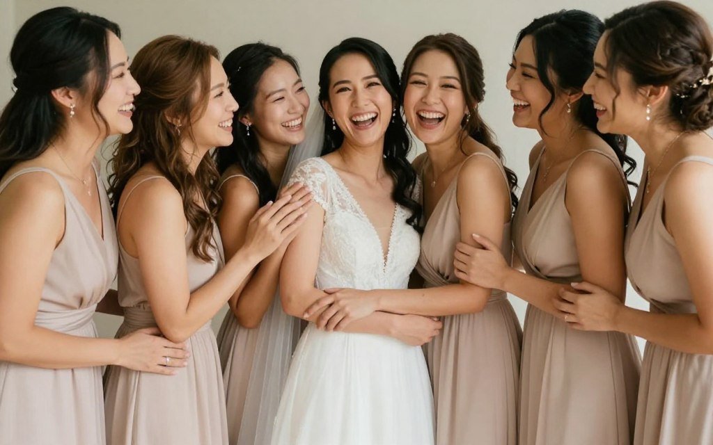 bride with bridesmaids in neutral dresses celebrating together