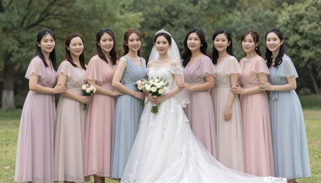 bride with pastel bridesmaid dresses coordinated group photo bride with pastel bridesmaid dresses coordinated group photo