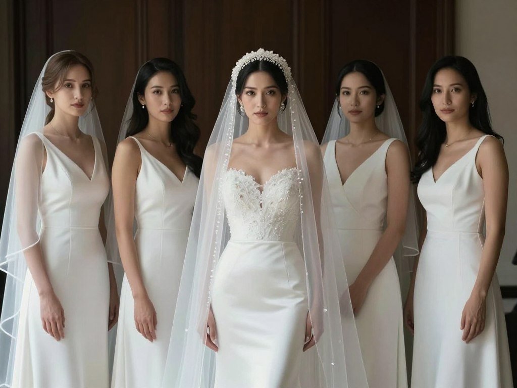 bride with statement veil bridesmaids simple white dresses