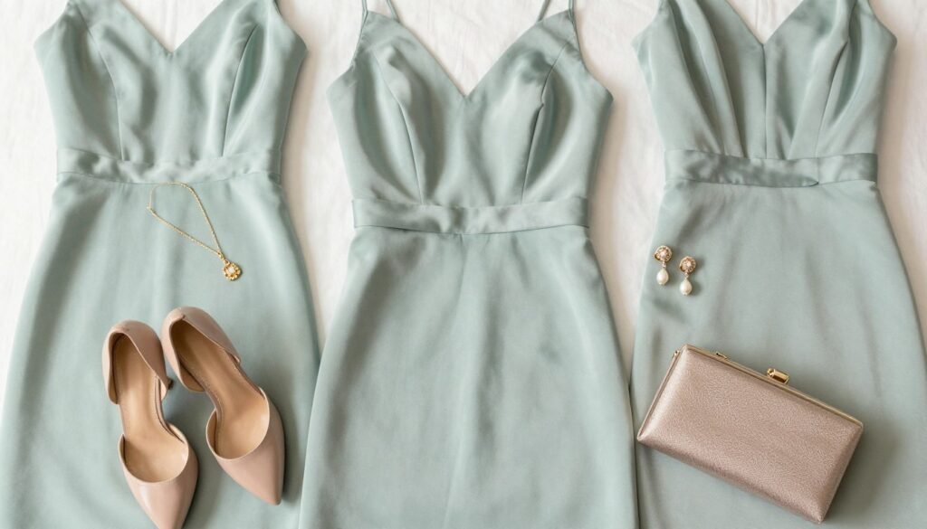 bridesmaid accessories jewelry shoes arranged with satin dress