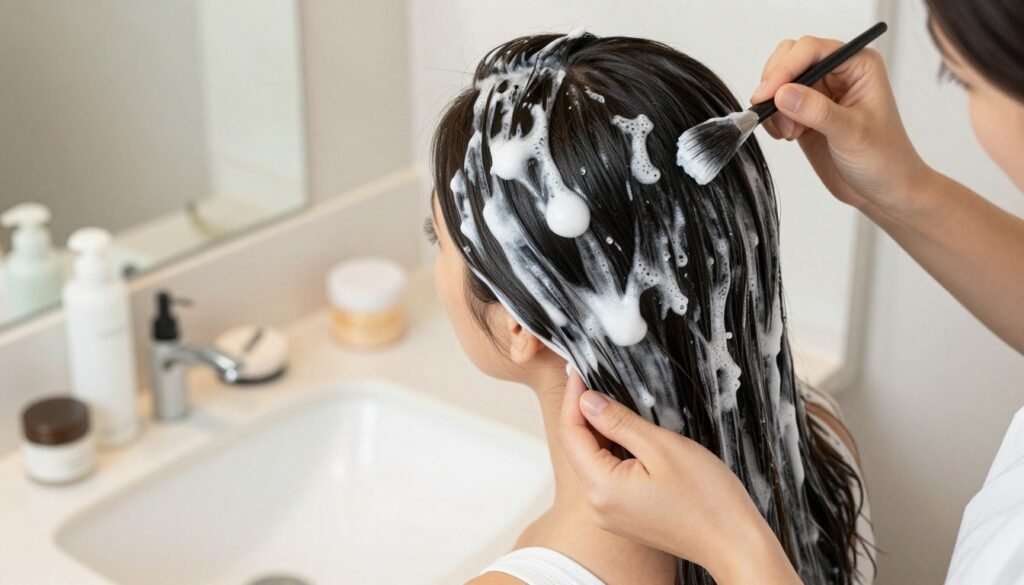 bridesmaid applying hair mask treatment
