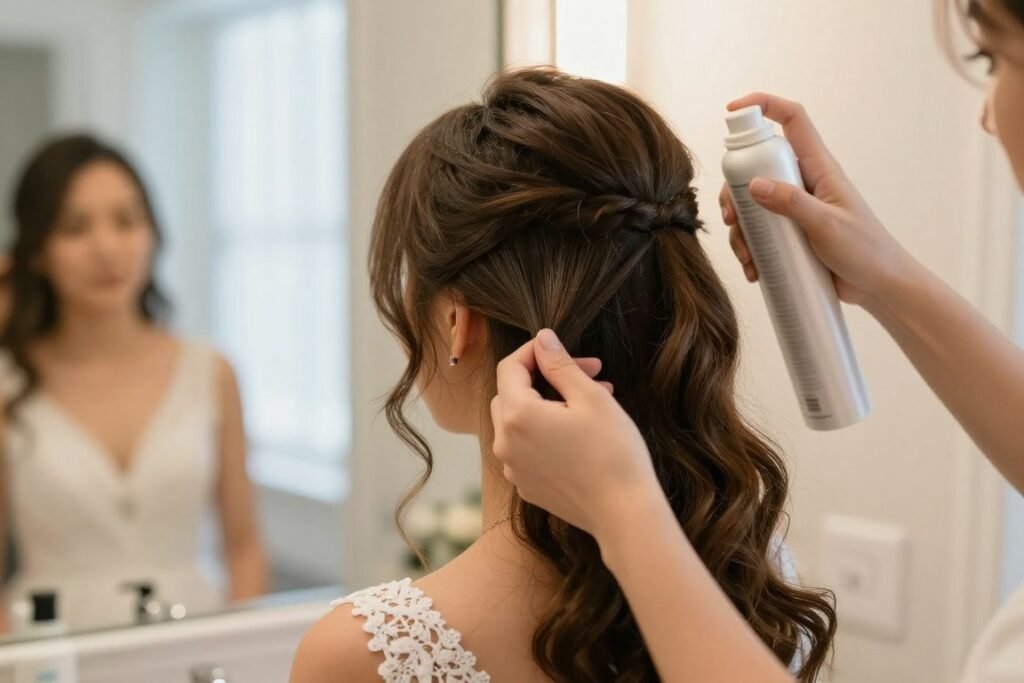 bridesmaid applying volumizing product to roots