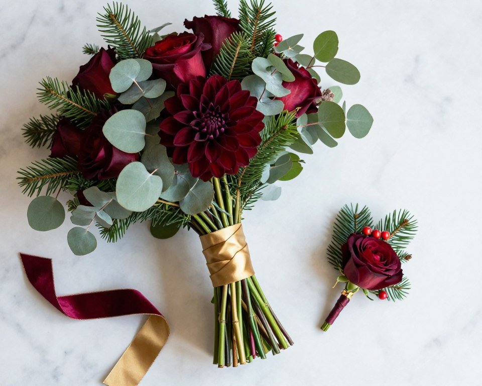 bridesmaid bouquet with burgundy flowers and greenery and matching boutonniere