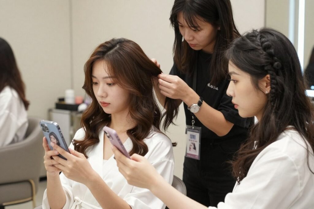 bridesmaid consulting with hairstylist showing inspiration photos