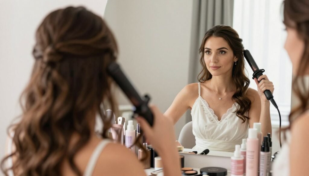bridesmaid creating her own hairstyle with tools