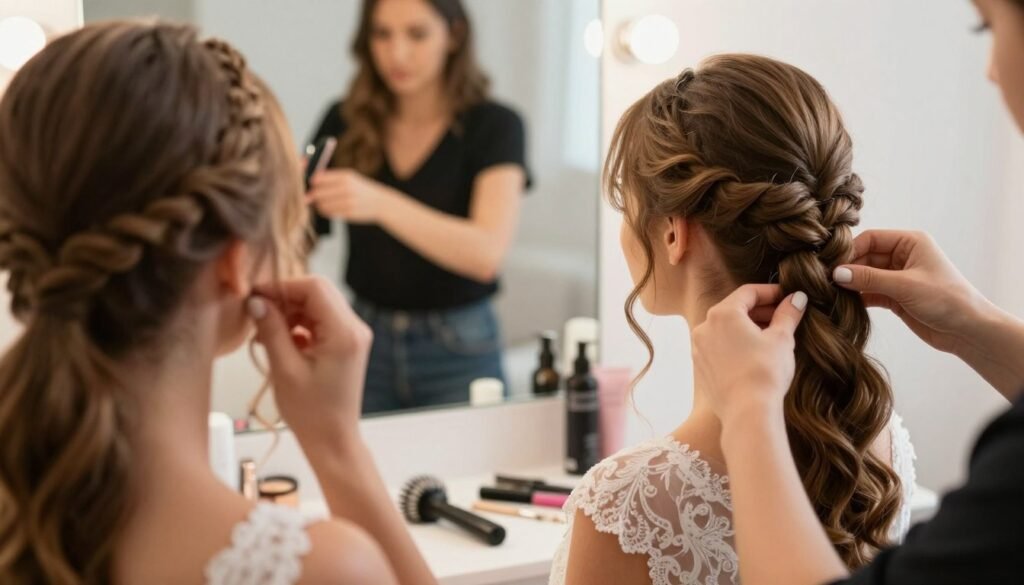 bridesmaid doing own hair DIY hairstyle tutorial