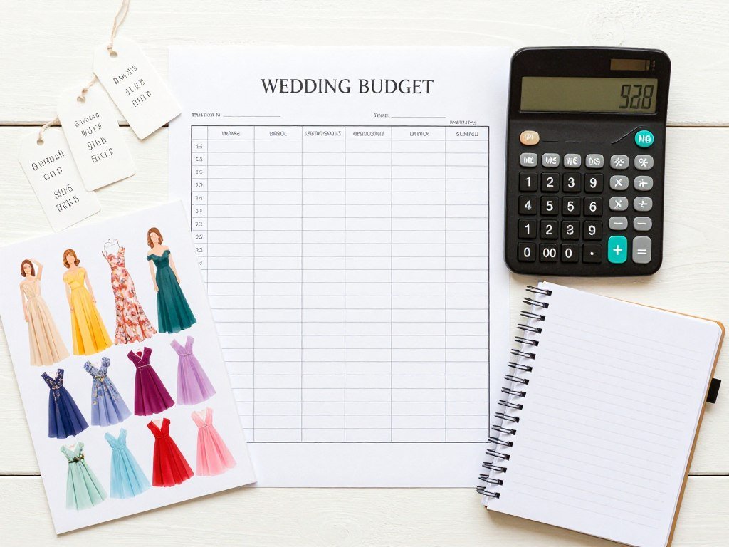 bridesmaid dress budget planning worksheet with calculator and color swatches