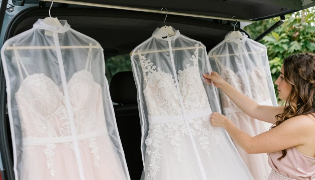 bridesmaid dress care transportation garden wedding preparation