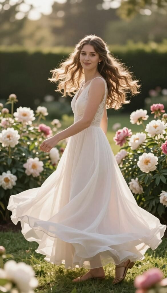 bridesmaid dress flowing fabric garden breeze movement