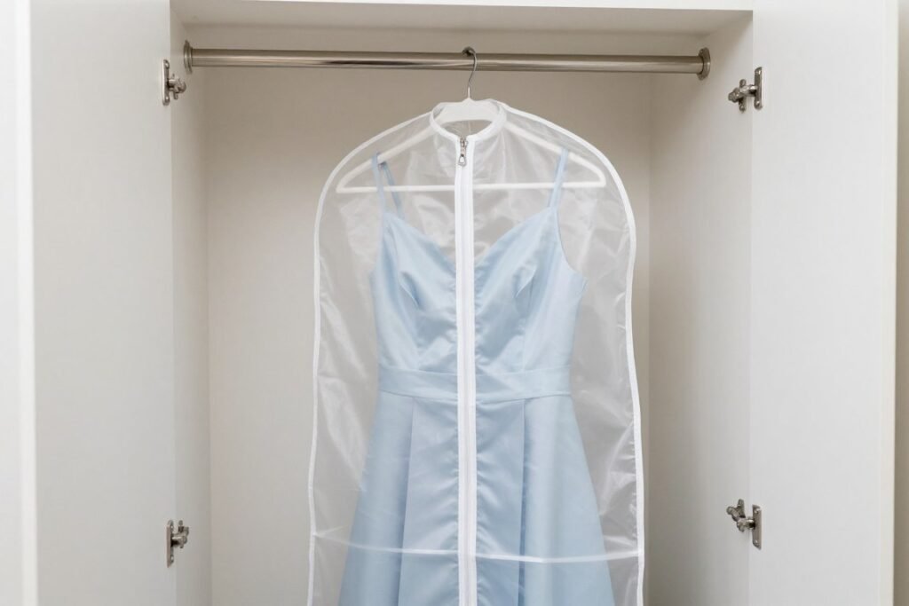 bridesmaid dress hanging in protective garment bag