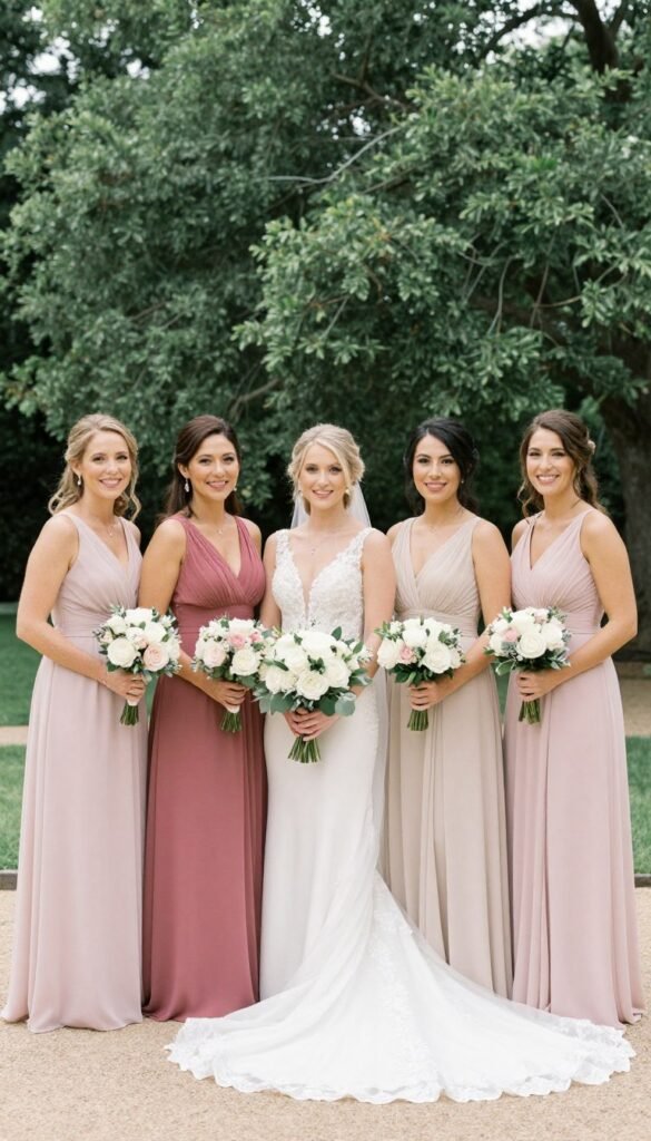 bridesmaid dresses complementary colors coordinated garden party
