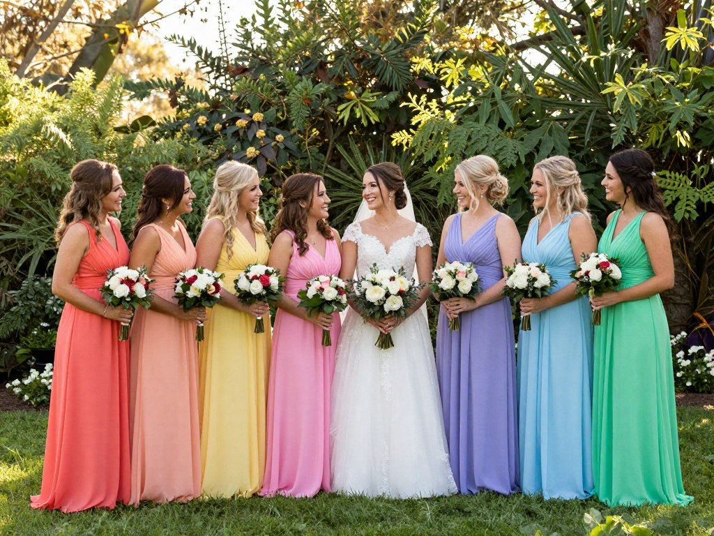 bridesmaid dresses in rainbow of colors creating stunning visual impact at outdoor wedding ceremony