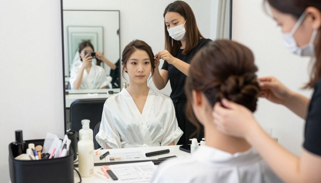 bridesmaid during hair trial taking photos