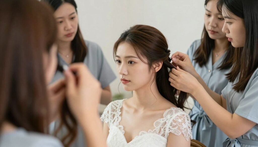 bridesmaid fixing hair emergency with calm confidence