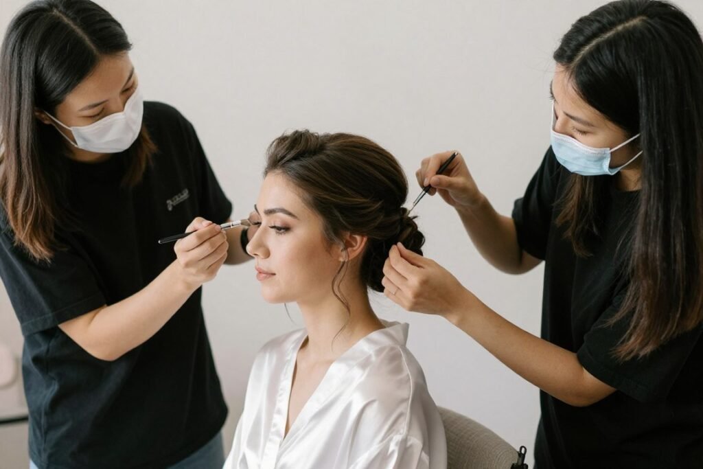 bridesmaid getting hair and makeup done coordination