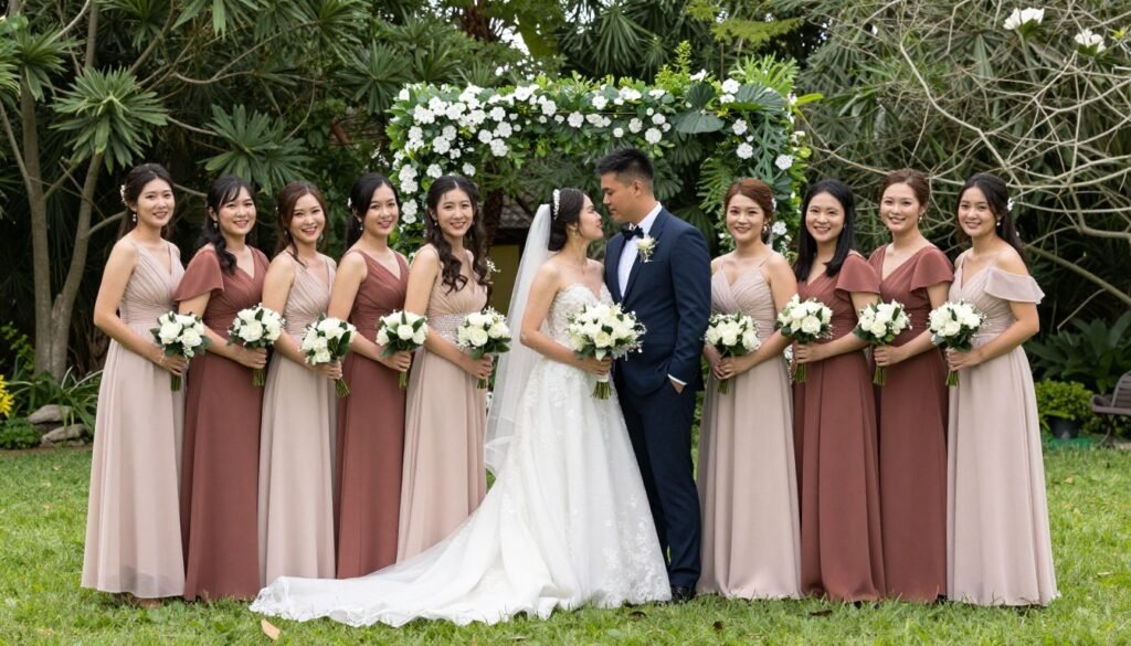 bridesmaid group photo coordinated garden party beautiful composition