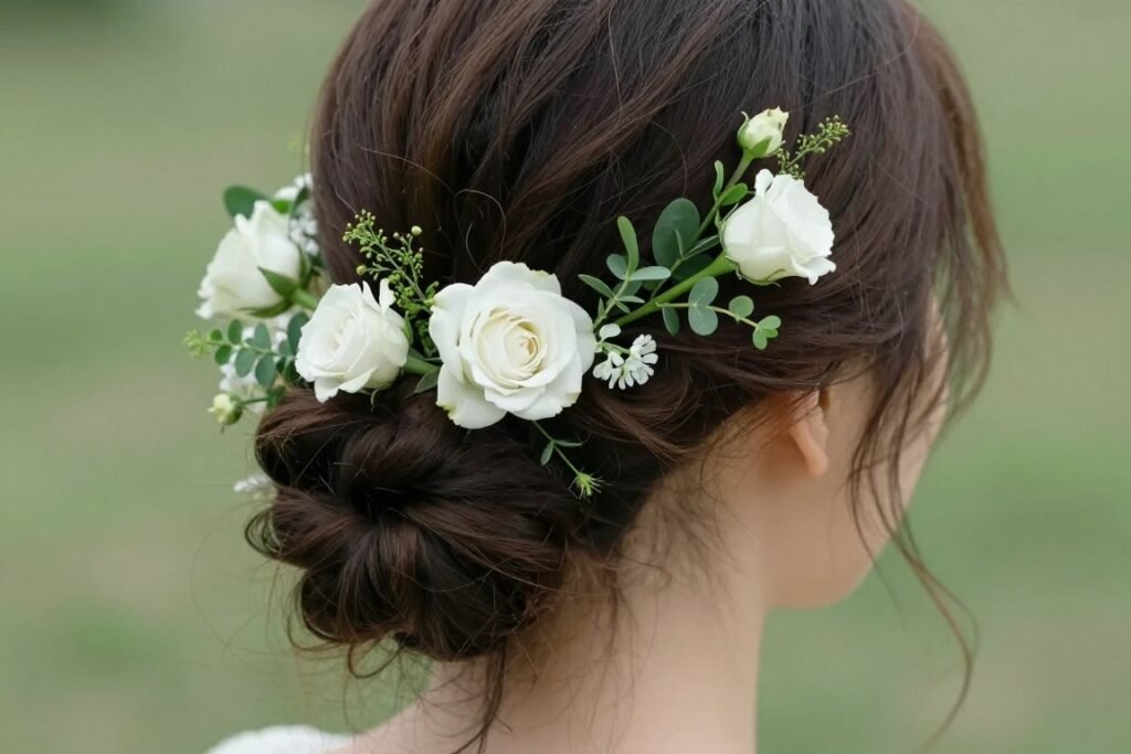 bridesmaid hair with fresh flower accessories