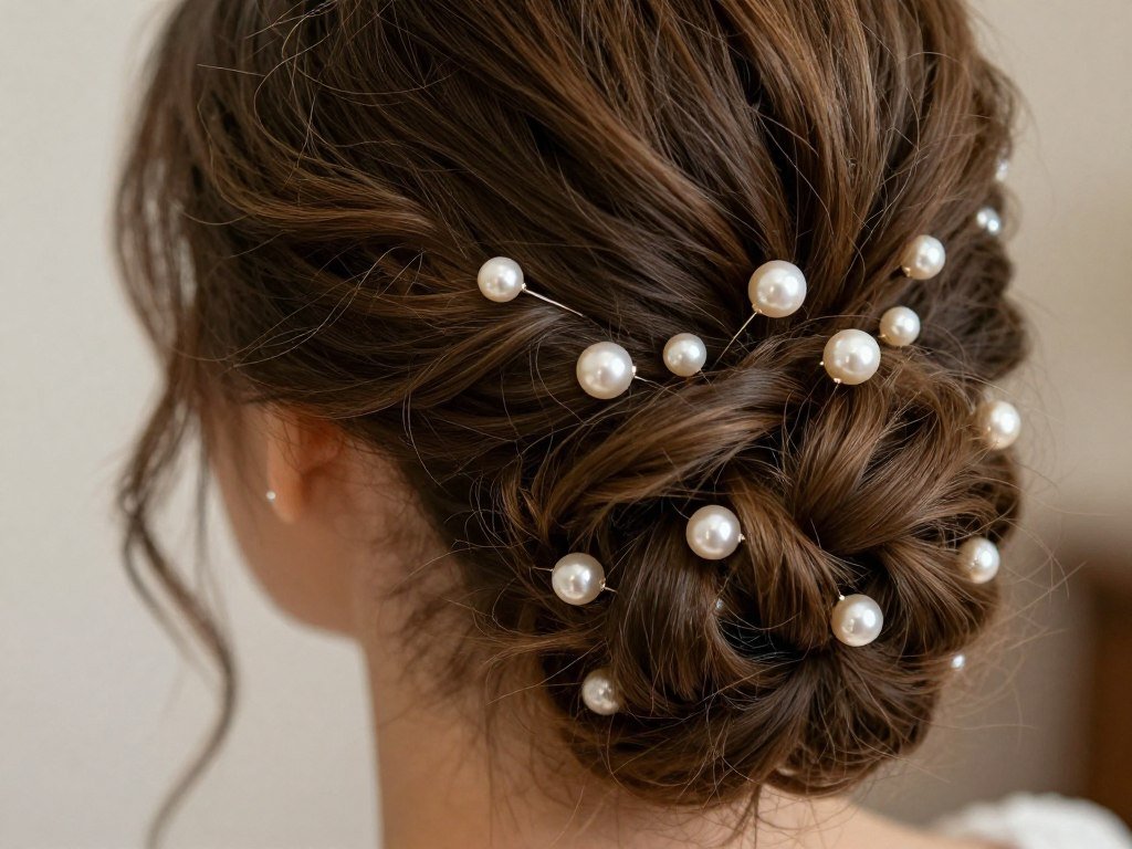 bridesmaid hairstyle with pearl hair accessories detail