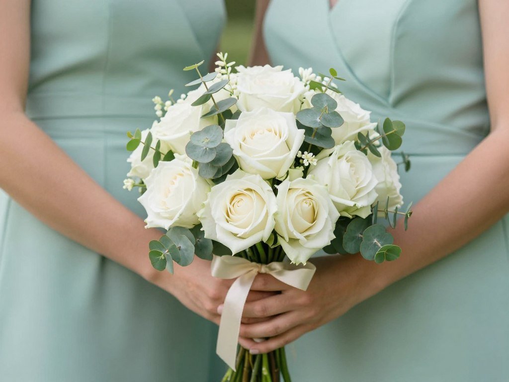 bridesmaid holding bouquet of white roses and greenery bridesmaid holding bouquet of white roses and greenery