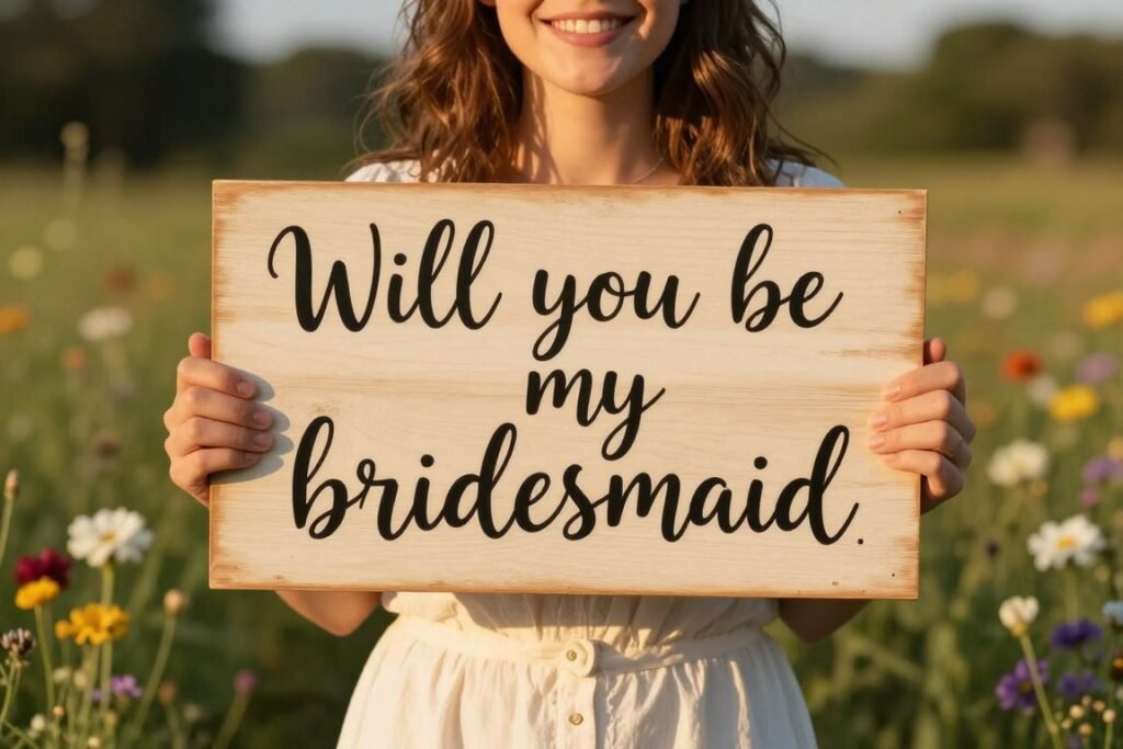 bridesmaid holding handmade proposal sign outdoors