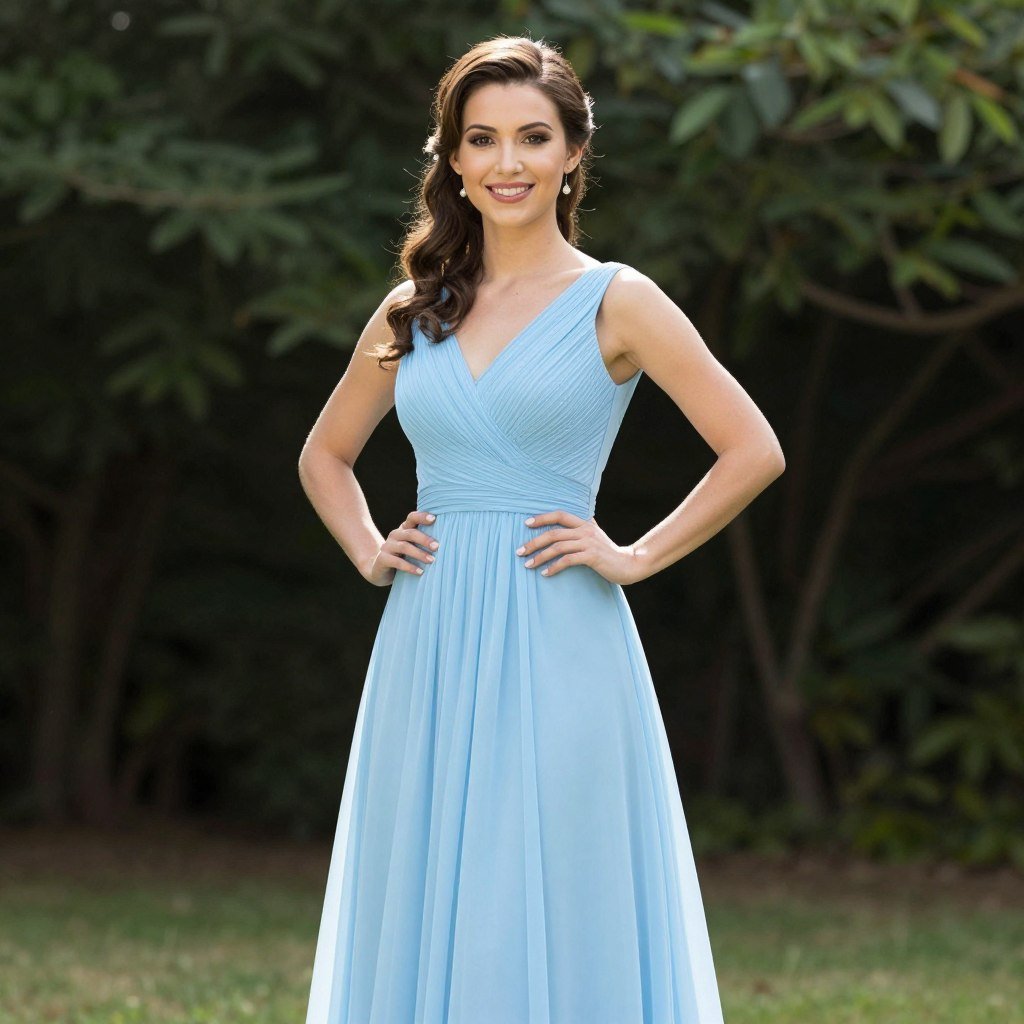 bridesmaid in A-line light blue dress individual portrait