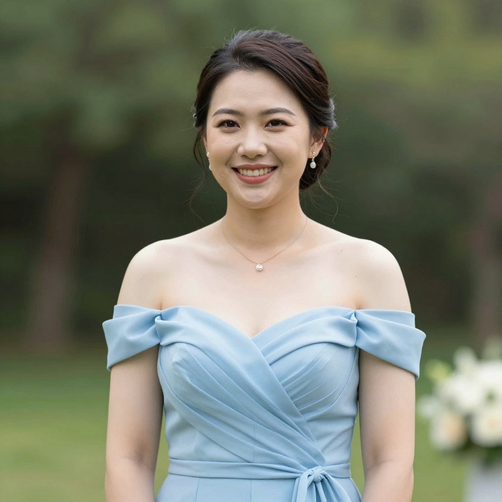 bridesmaid in off-shoulder light blue dress individual portrait