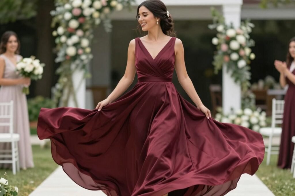 bridesmaid in satin dress twirling showing dress movement