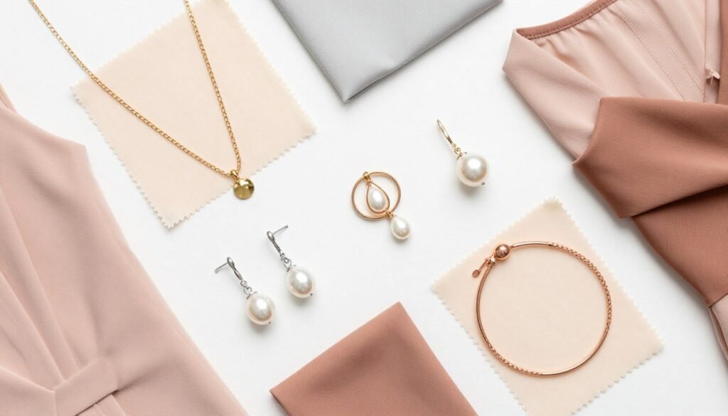 bridesmaid jewelry and accessories laid out showing gold and silver options for different dress colors