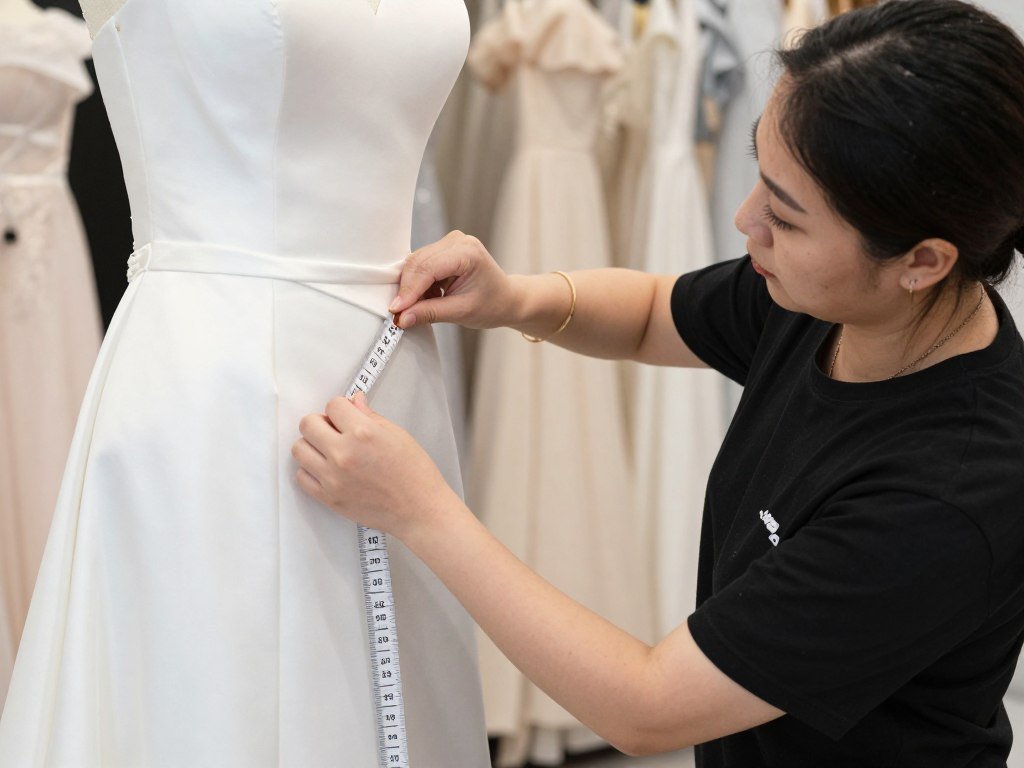bridesmaid measuring for dress fitting