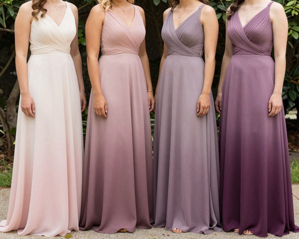 bridesmaid photos showing ombre color coordination