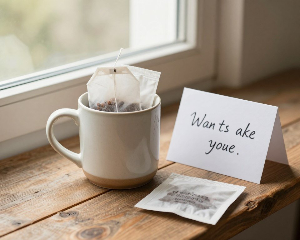 bridesmaid proposal gift with coffee mug, tea bags, and handwritten note