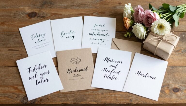 bridesmaid proposal ideas cheap with handmade cards and affordable gifts on rustic wooden table