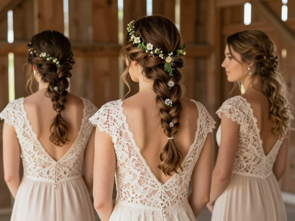 bridesmaid rustic wedding hairstyle with braids and flowers