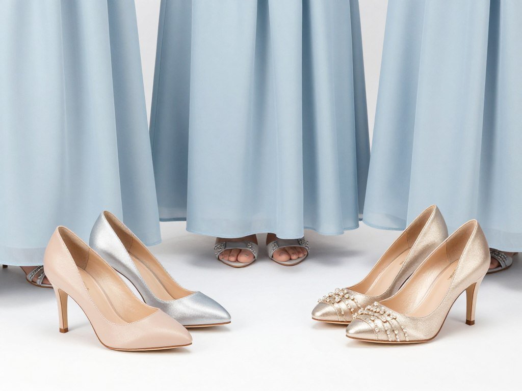 bridesmaid shoes in neutral tones with light blue dress