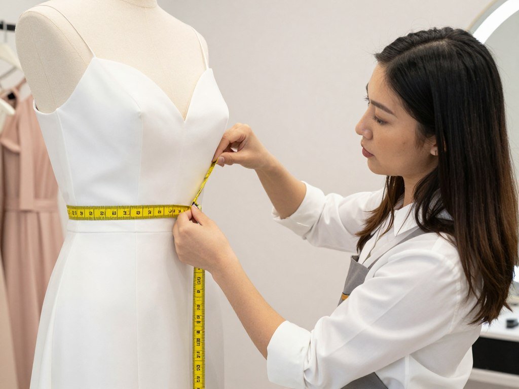 bridesmaid taking dress measurements professional