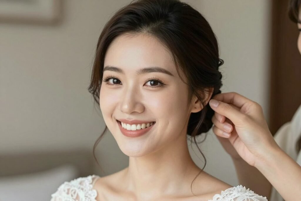 bridesmaid touching hair confidently bridesmaid touching hair confidently