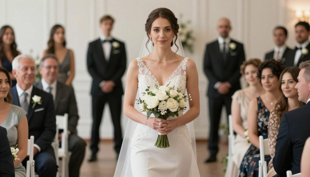 bridesmaid walking down aisle during wedding ceremony bridesmaid walking down aisle during wedding ceremony