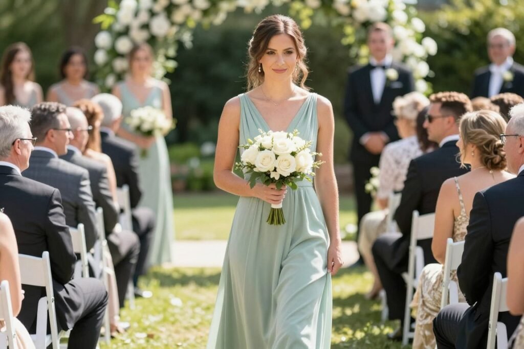 bridesmaid walking down ceremony aisle