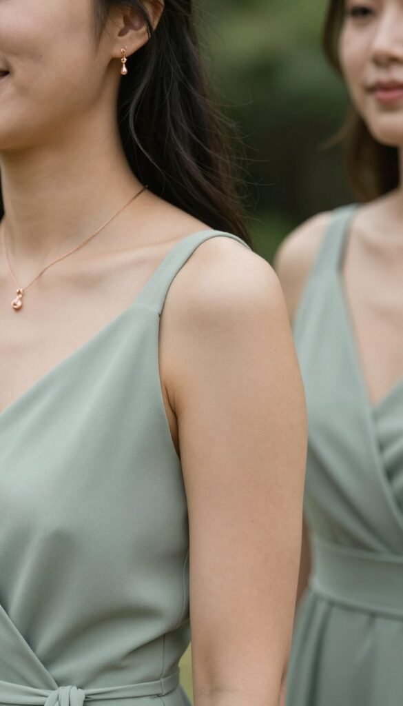 bridesmaid wearing delicate jewelry garden party elegant