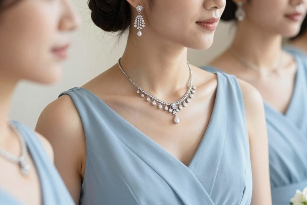 bridesmaid wearing light blue dress with silver jewelry