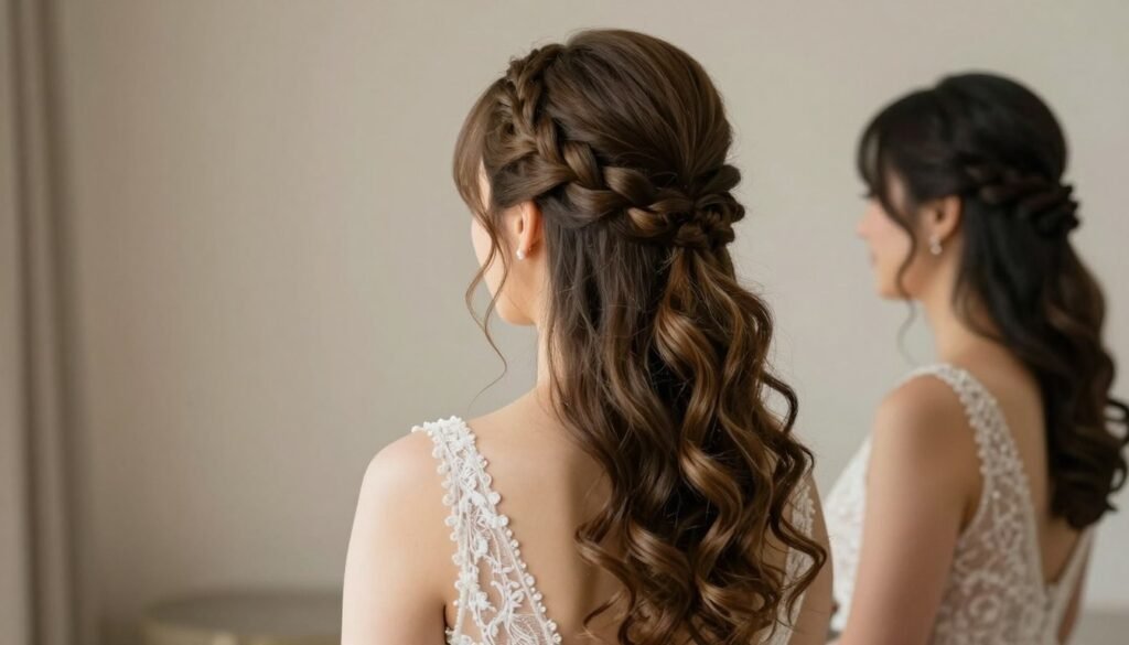 bridesmaid with braided half up half down hairstyle
