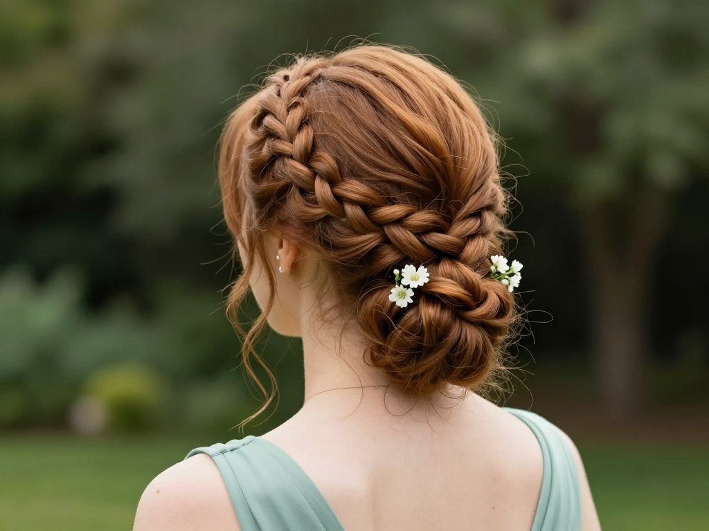 bridesmaid with elaborate braided updo hairstyle