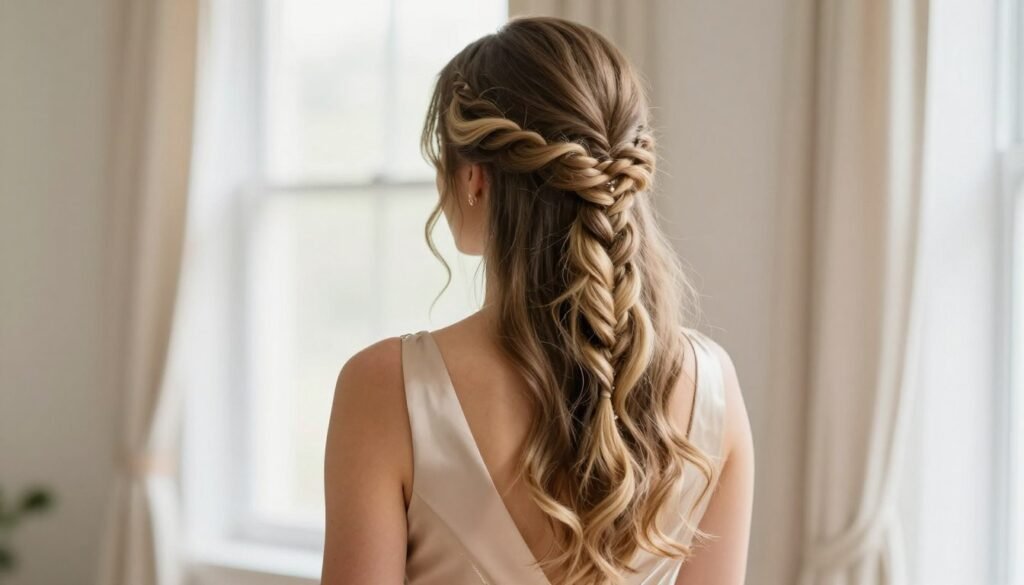 bridesmaid with fishtail braid half-down hairstyle