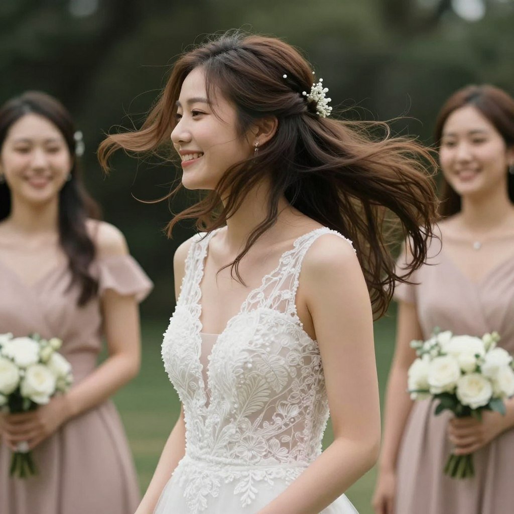 bridesmaid with flowing hair captured in motion