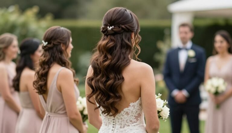 bridesmaid with long flowing hair down in elegant waves at outdoor wedding ceremony