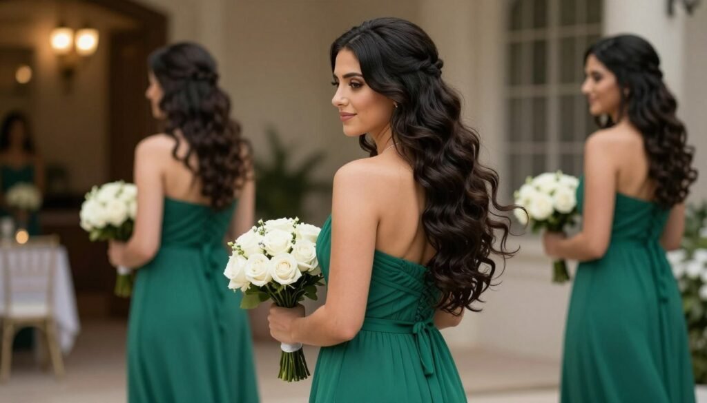 bridesmaid with long flowing waves hairstyle