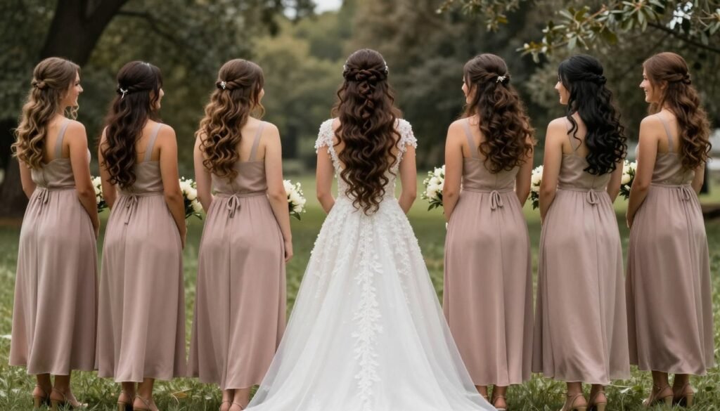 bridesmaid with long hair styled in flowing curls down her back