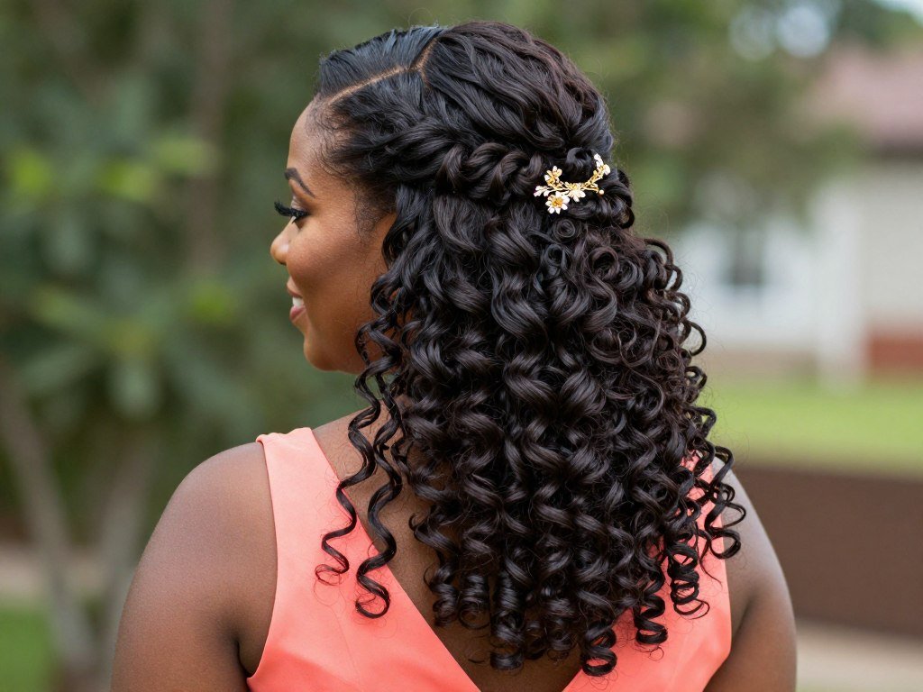 bridesmaid with natural curls half-up hairstyle
